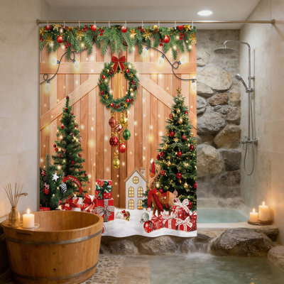 Rideau de douche de Noël, décor de salle de bain maison de campagne avec crochets - tissu de polyester imperméable, 72 x 72 pouces
