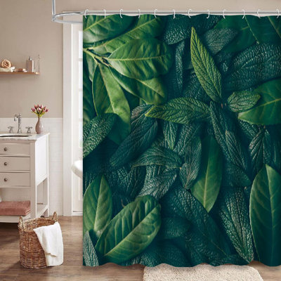 Creative Layout Green Leaves Flat Nature Leaf Forest Plant Shower Curtain with 12 Hooks