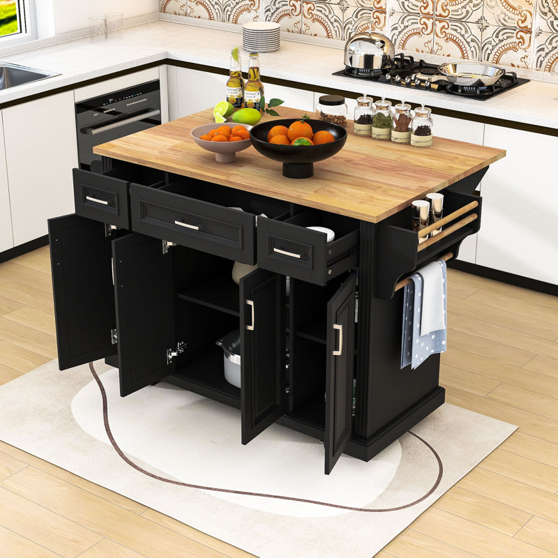 Rolling Kitchen Island Cart with Rubber Wood Drop Leaf, Storage Cabients and Soft Close Drawers, Black