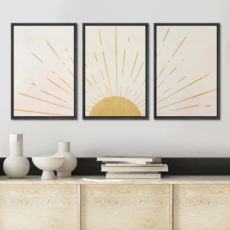"Bright Bright Yellow Burst", Neutral Abstract , H 24 po x l 48 po, Cadre flottant, Noir