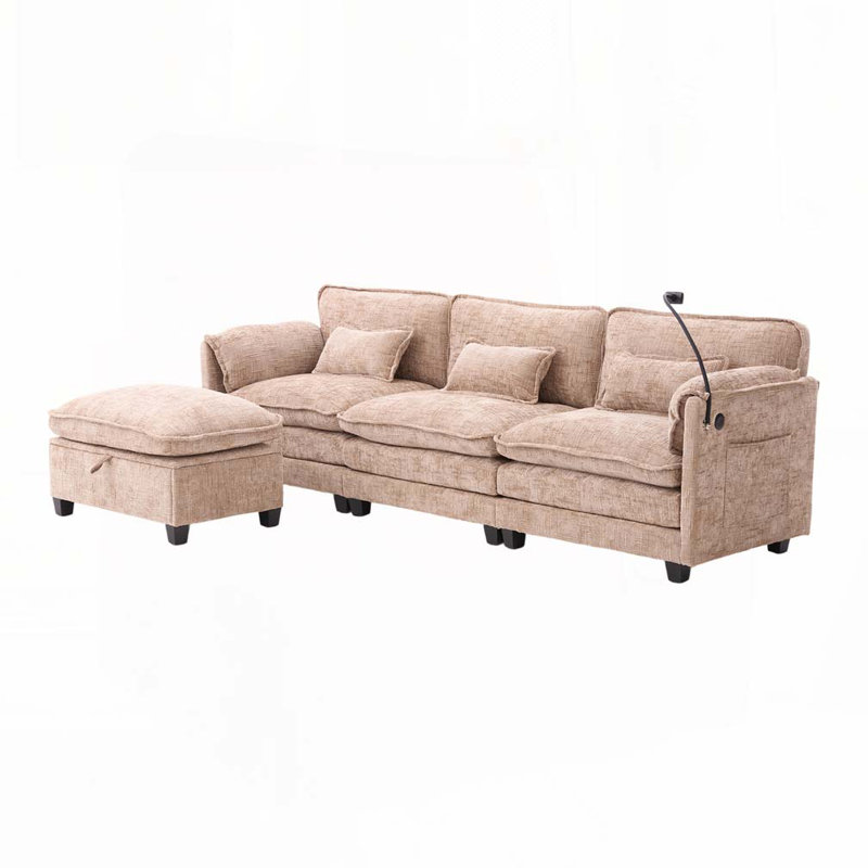Canapé-lit modulaire en tissu chenille de 109,84 po avec repose-pieds de rangement mobile, support pour téléphone, port de charge USB