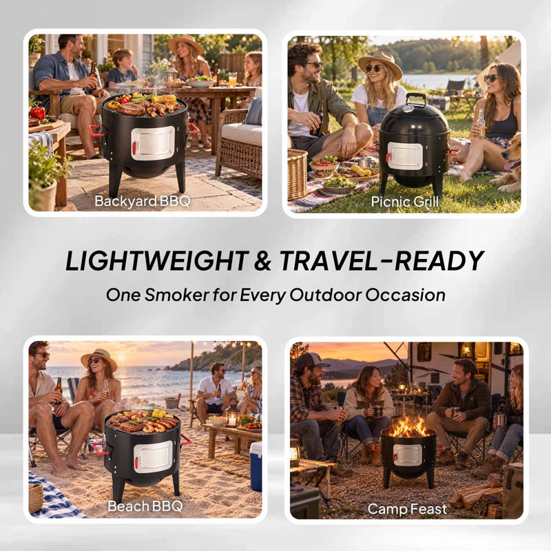 3-in-1 Round Charcoal Smoker Grill, Portable Outdoor BBQ Smoker and Fire Pit