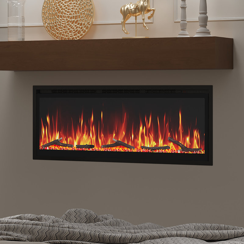 Chaufferette électrique encastrée ou murale de 50 po, 12 couleurs de flamme, compatible avec Google et Alexa Home, bûches et cristaux, télécommande