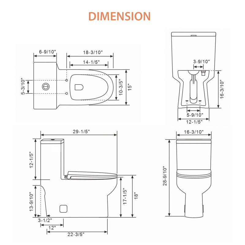 Elongated Comfort Height One-Piece Dual Flush Toilet Dimension Blueprint