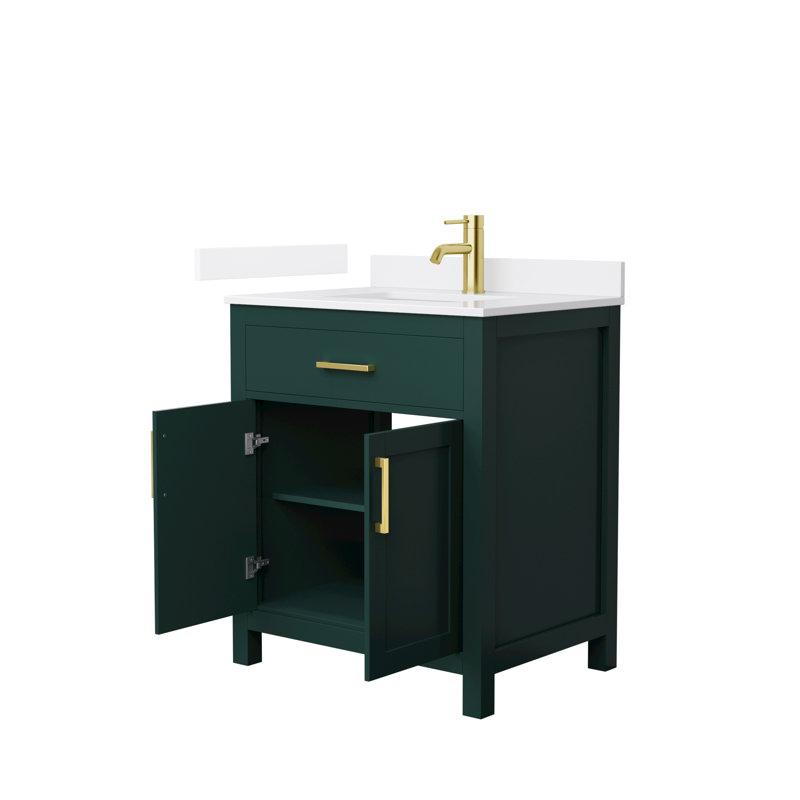 30 in. Single Vanity, Green, Brushed Gold, White Quartz