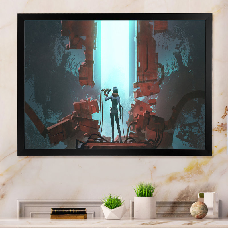 «Video Game Woman Finding Her Path», reproduction sur toile, Cadre d'angle fermé noir, H 16 po x l 32 po x P 1 po