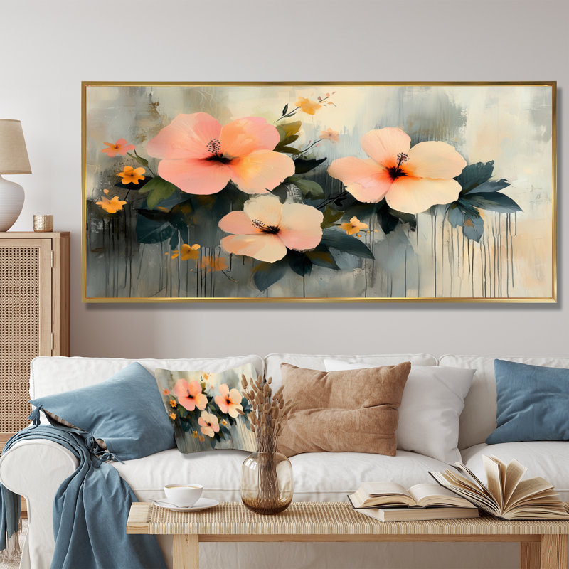 Irmuun Minimalisme, Hibiscus Spring Symphony - Hibiscus Wall Art, H 28 po x l 60 po, Impression encadrée flottante, Doré