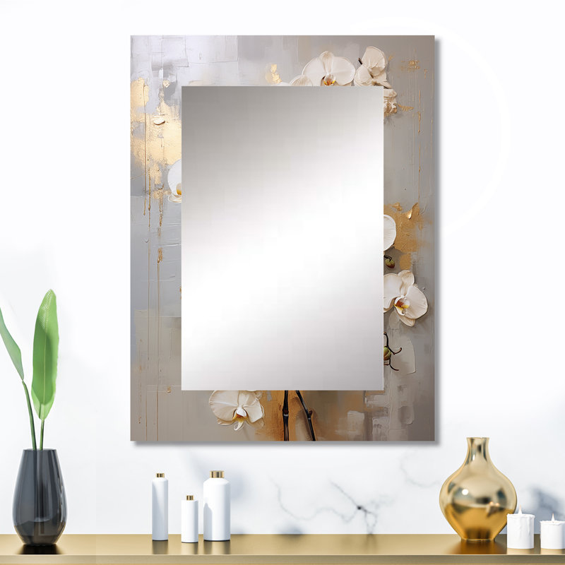 Minimalism Beige And Gold Orchids IV - Orchid Decorative Mirror, Traditional Large Wall Mirror, Printed Metal Art, 32" x 24"