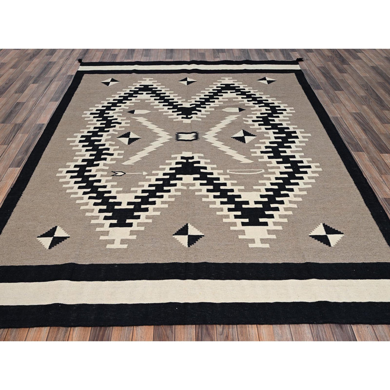 Tapis oriental brun tissé à la main 8 pi 1 po x 10 pi, motif géométrique 100% laine, tissé à la main
