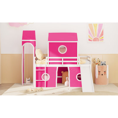 Lit simple mezzanine rose avec glissade, tour de tente, construction, lit en forme de clôture, tente de point focal de chambre à coucher et tour en pin, fenêtre de style, espace supplémentaire pour jouer