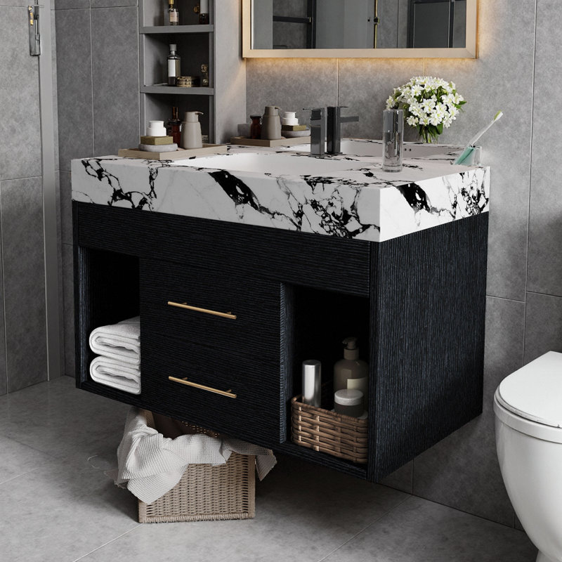 Meuble-lavabo flottant moderne avec lavabo en céramique fritté, Noir, noir et blanc