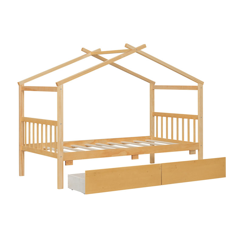 Lit simple en bois avec tiroirs, naturel, Naturel