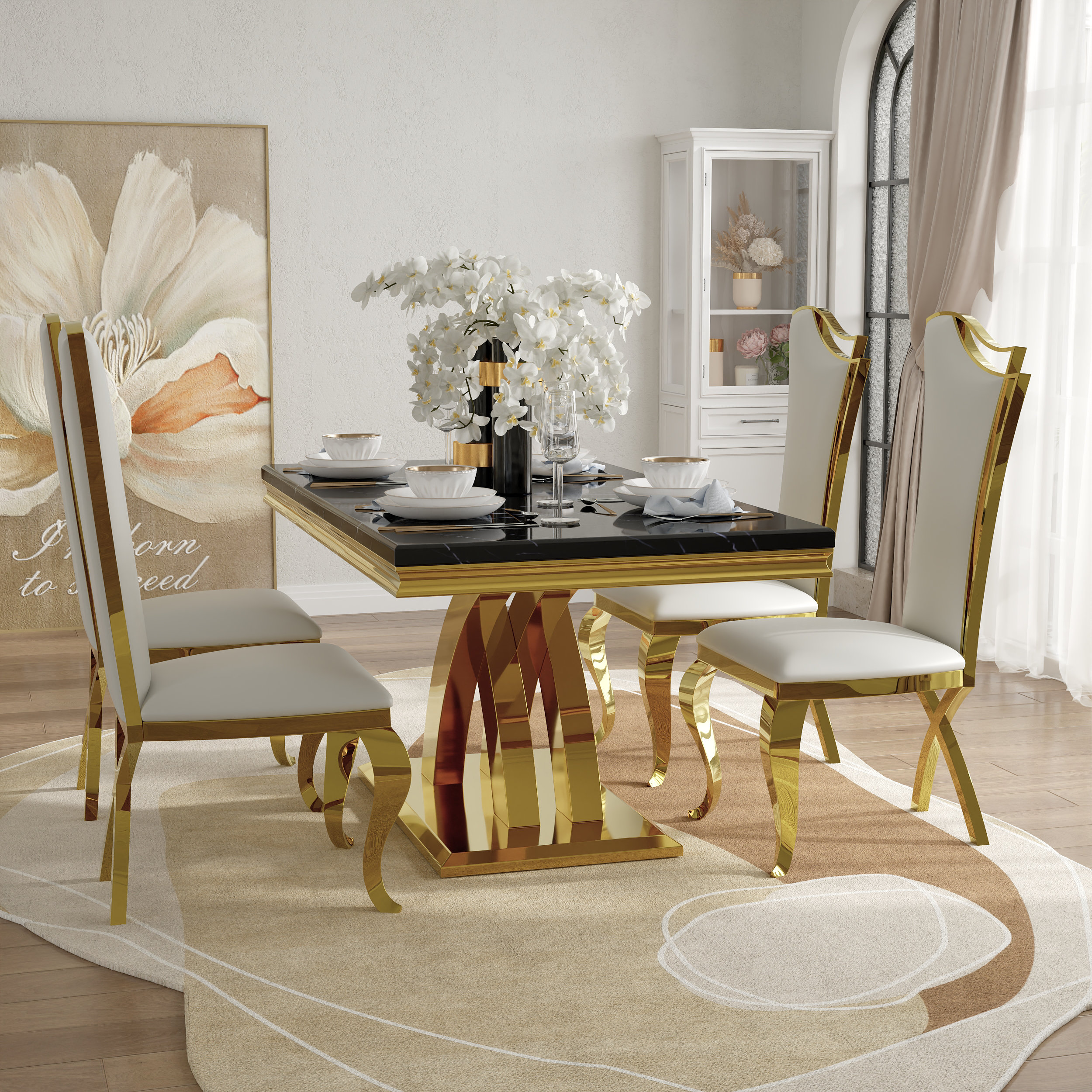Everly Quinn Luxury Black Faux Marble And Gold Dining Table Set With 4 ...