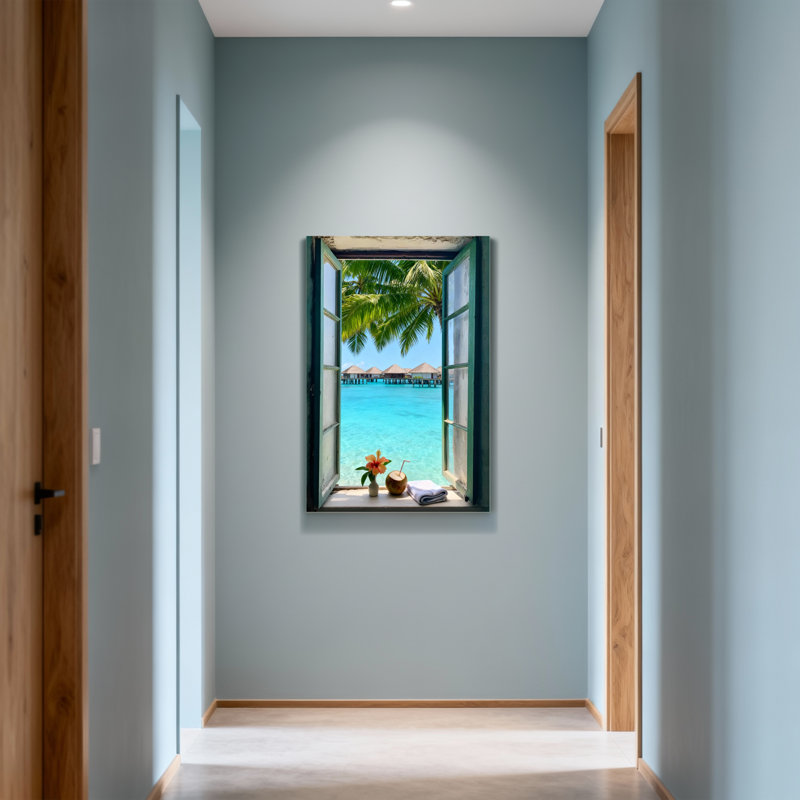 Paysage et nature, plage tropicale vue par la fenêtre, H 24 po x l 16 po