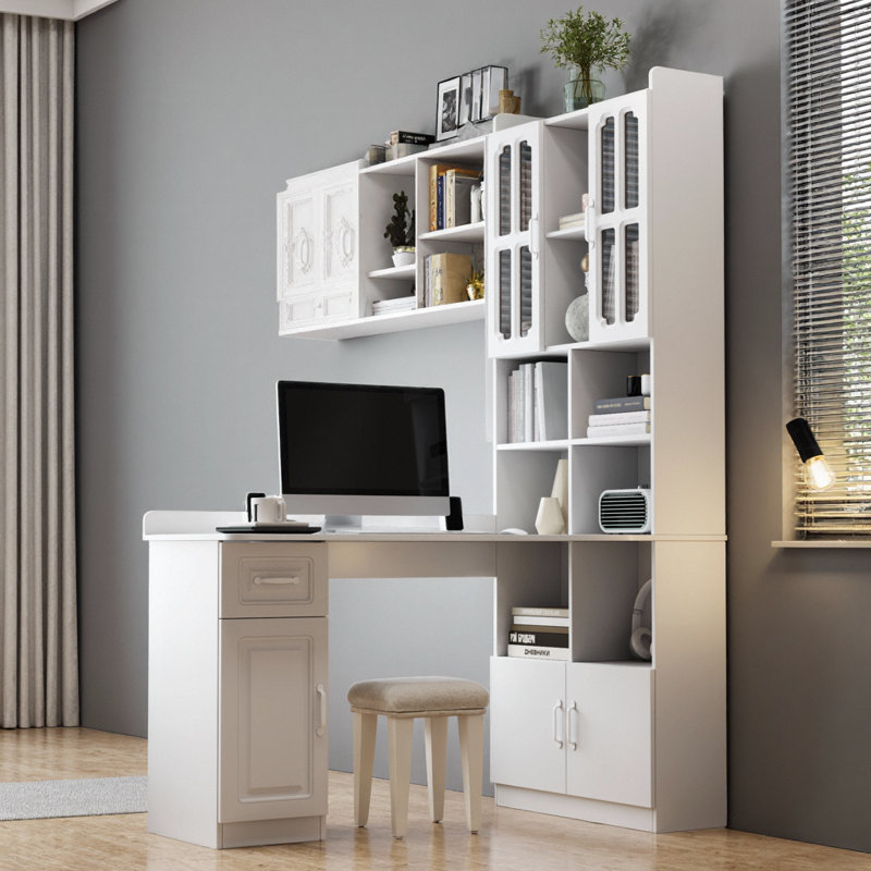 Bureau en L blanc 55 po + rehausse - 4 armoires, tiroir, tablettes ouvertes, 77 po de hauteur, conception d'angle 2-en-1, 132 lb, centre de commande de bureau à domicile