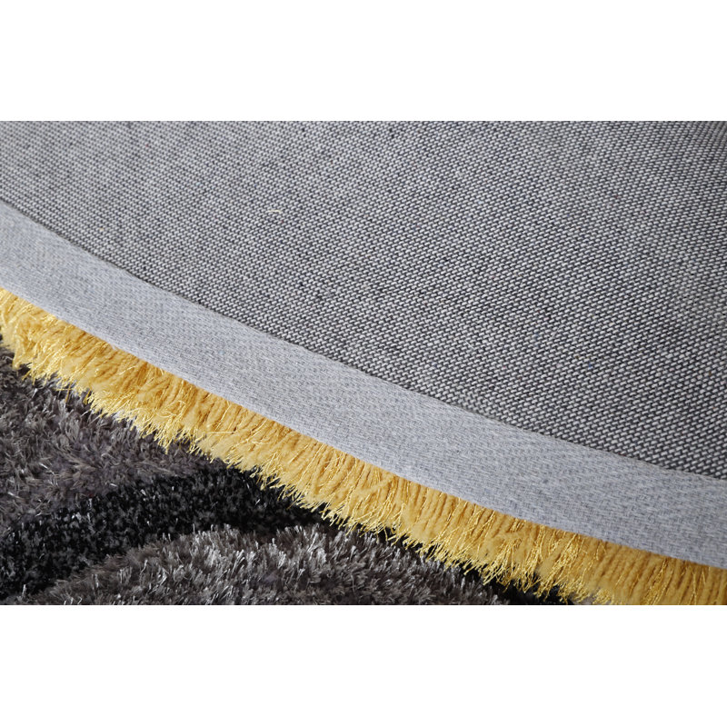 Thionville Abstract Shag Mustard/Gray/Beige Area Rug, Round 7'
