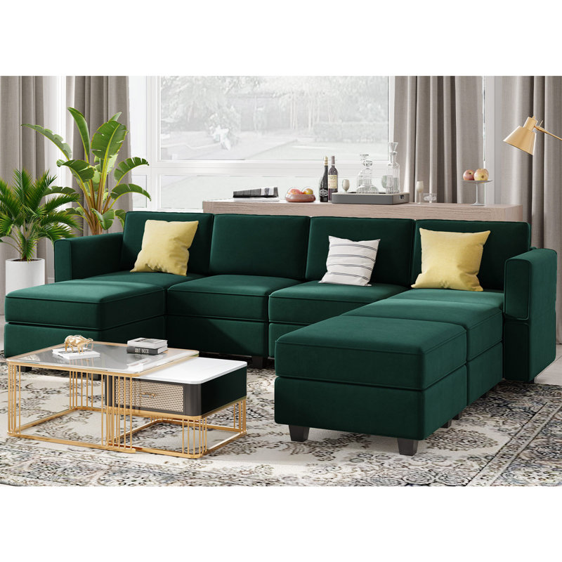 Canapé modulaire rembourré de rangement en velours 8 pièces 116,6 po Vashudev, Velours vert