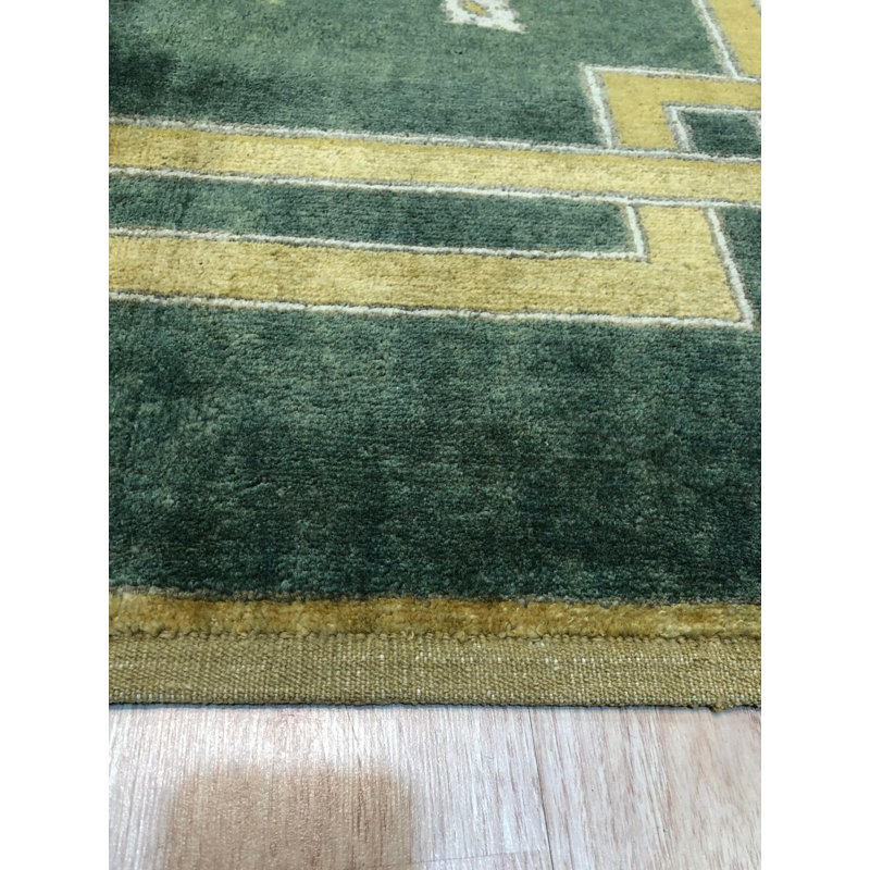 Green Hand-Knotted Wool Art Deco Diamond Geometric Modern Contemporary Carpet Rug, 10' x 14'