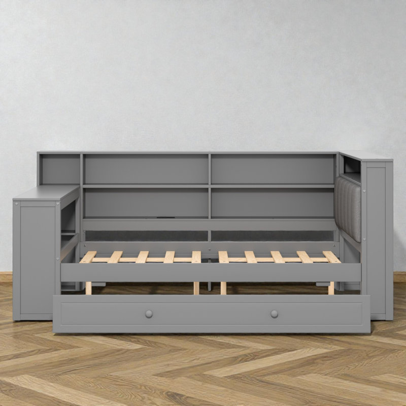 Full Daybed With Trundle And Desk, Upholstered Headboard, Storage Shelves With Charging Station & Led, Contemporary, Gray