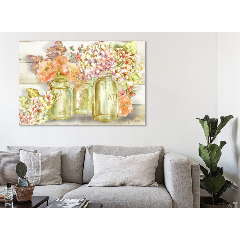 «Colorful Flowers In Mason Jar» par Tre Sorellw Studios - reproduction sur toile, H 28 po x l 42 po