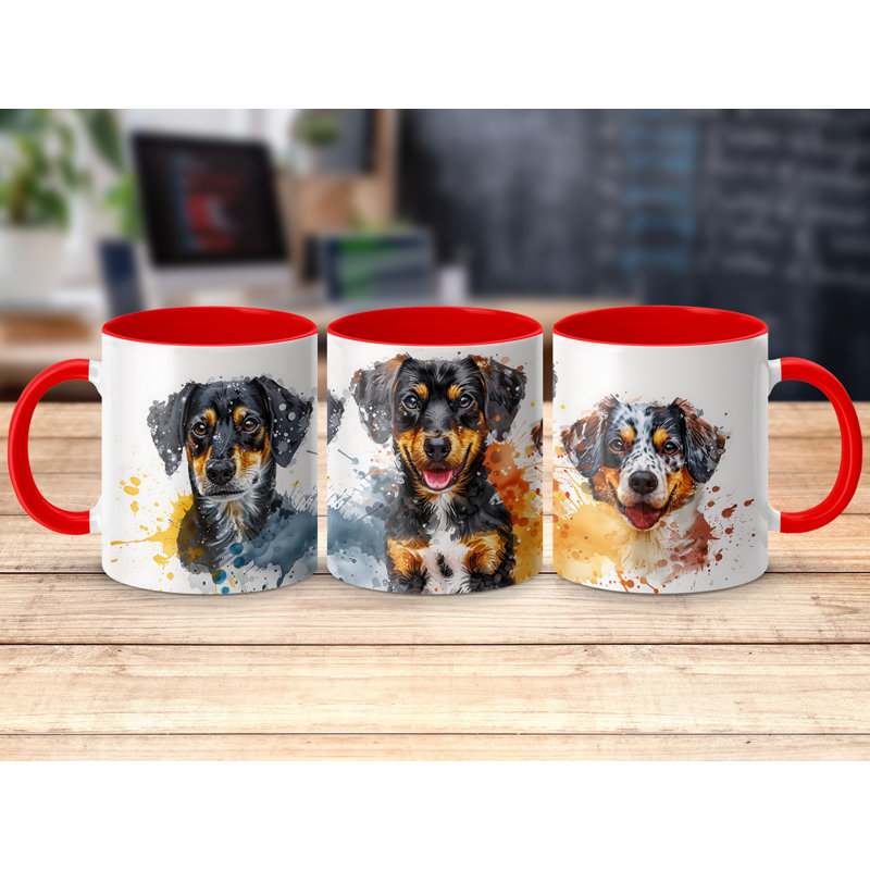 Dogs Abstract Watercolor Paint 11oz Coffee Mug, Red, 3