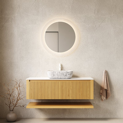 Meuble-lavabo suspendu de 122 cm avec tiroirs, tablette ouverte, lavabo en céramique à motif de marbre, dessus en pierre frittée blanche, fini placage chêne, meuble préassemblé, tiroirs à glissière lisses