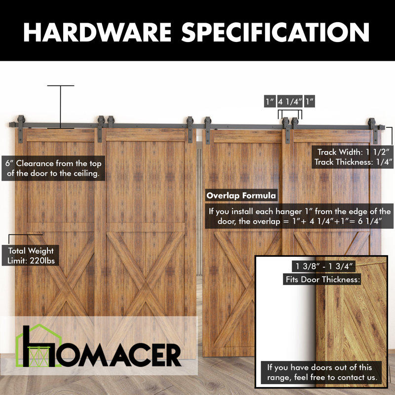 Homacer Single Track Bypass Four Door Hardware Kit, 48 in.