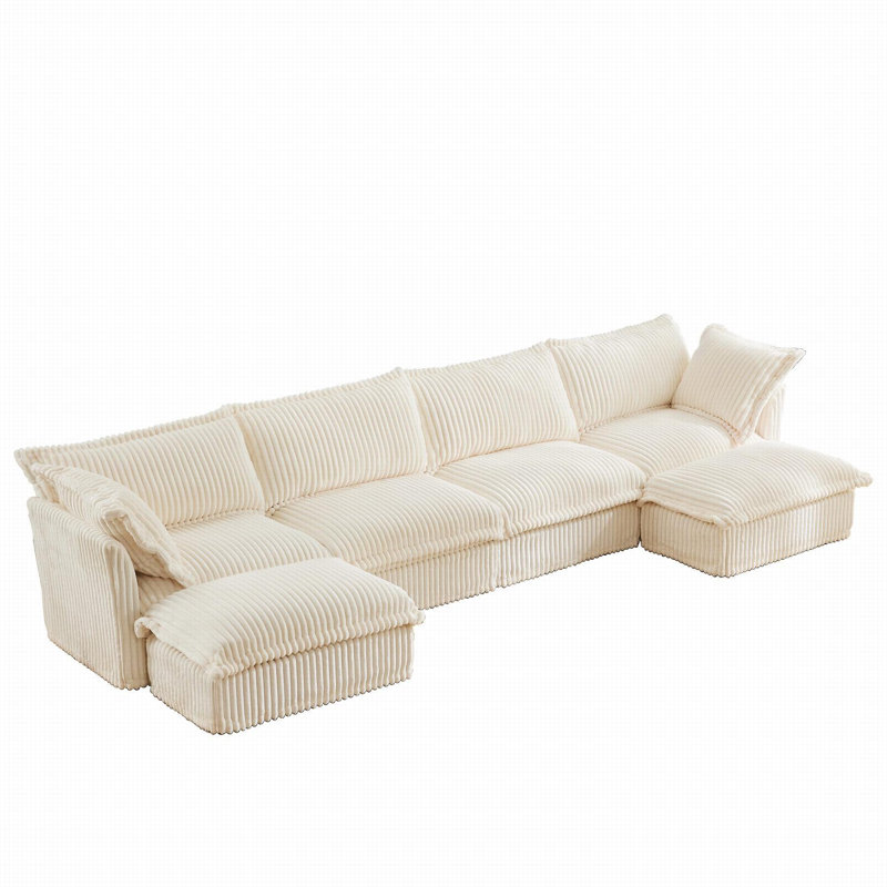 Evelyn U-Shaped Sectional Sofa with 2 Ottomans, Cream Corduroy, 34.6" H x 146.4" W x 55" D