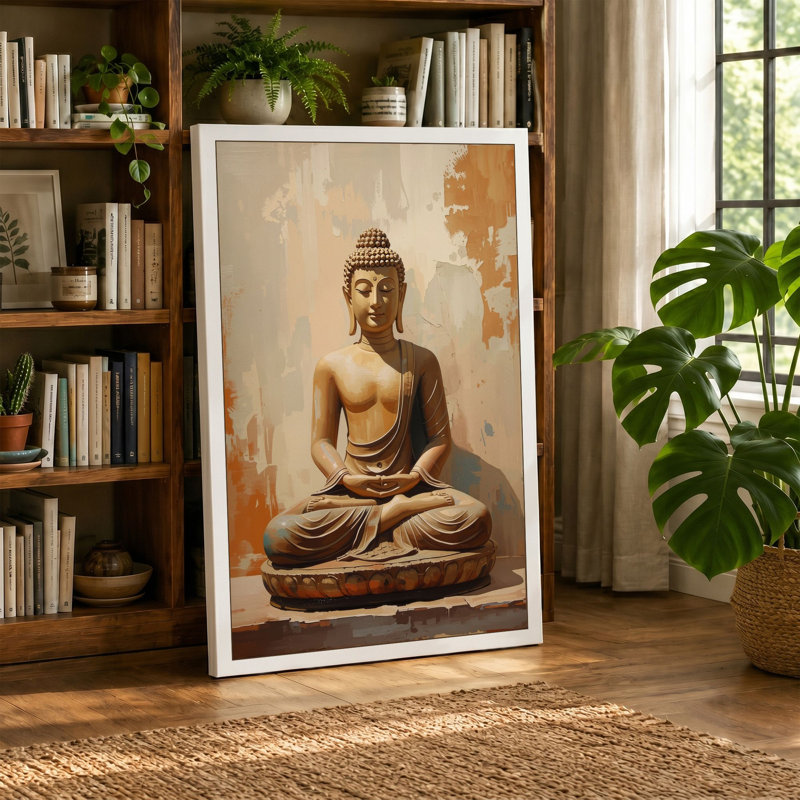 Seated Buddha in Stone Japandi - Wrapped Canvas, 30x20 - 76.2 x 50.8 cm, Teal Border
