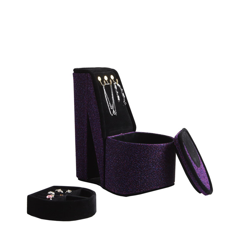Boîte à bijoux haute 9 po avec crochets, chaussures à talons hauts, Mauve