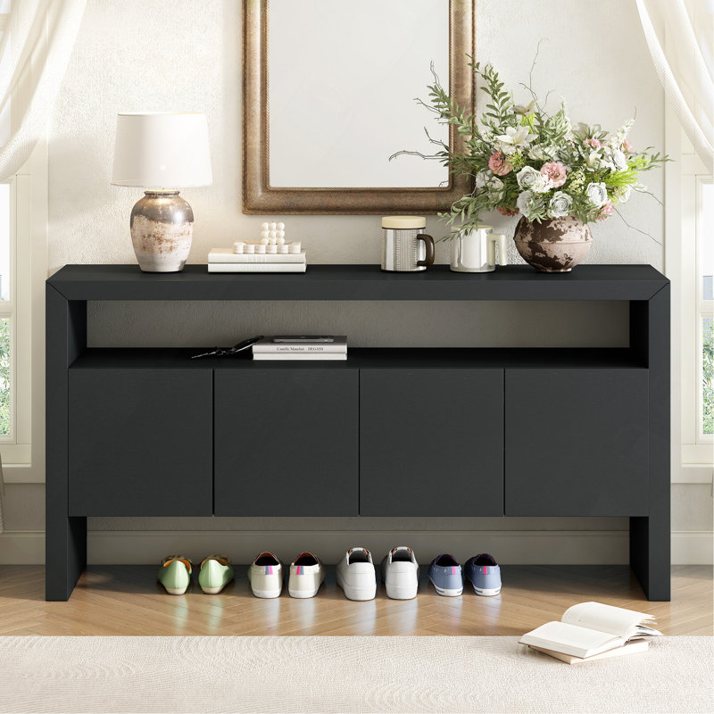 Sideboard 60" 4 Doors, Modern Minimalist Solid Wood Veneer With Open Shelf, Natural Wood Grain, Large Capacity Storage Console Table (Black)