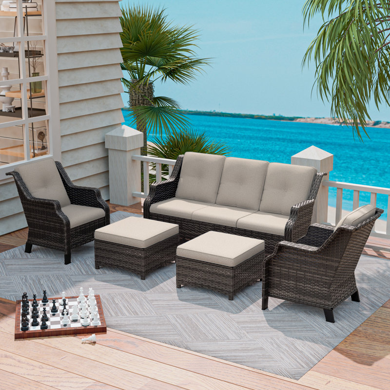 Ensemble de conversation de patio en osier 6 pièces avec coussins, canapé, chaises et repose-pieds 6 pièces, Beige