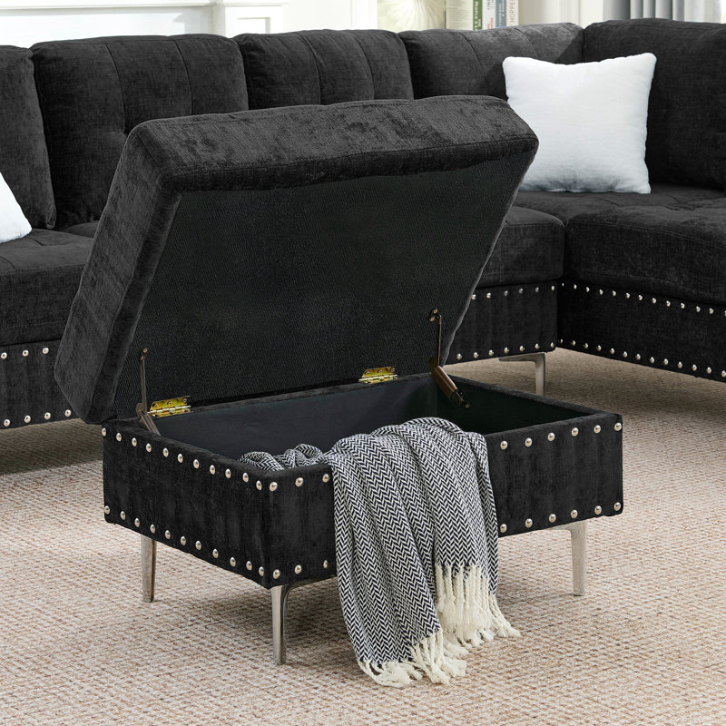 Sectional 3-Seaters Sofa With Chaise, Storage Ottoman, Metal Legs And Copper Nails,Two White Pillows ,Black(102" X 76" X35")