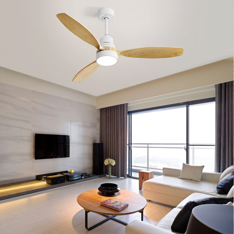 52 Inch Integrated LED Ceiling Fan with Light and Remote Control Solid Wood Blades for Living Room, Natural Wood, White
