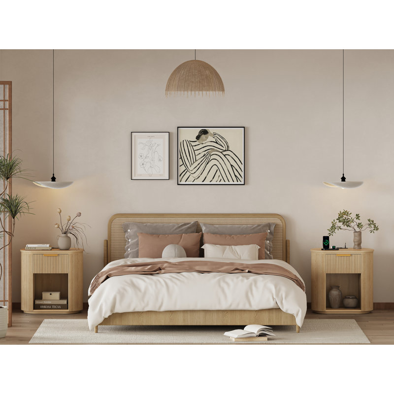 Reeded Nightstand With 1 Drawer, Open Shelf Storage Built-in Outlets USB Type-C Charging Station, Natural Oak/Wood Grain