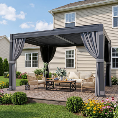 Pergola en acier de 12 pi x P 10 pi avec toit à persiennes et rideaux réglables