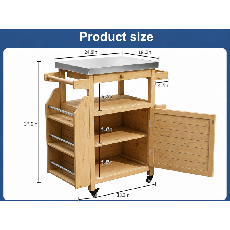 Outdoor Grill Cart with 304 Stainless Steel Top, Solid Wood Rolling Kitchen Island with Drawer, Storage Cabinet, Side Shelves and Lockable Casters for BBQ, Patio and Kitchen