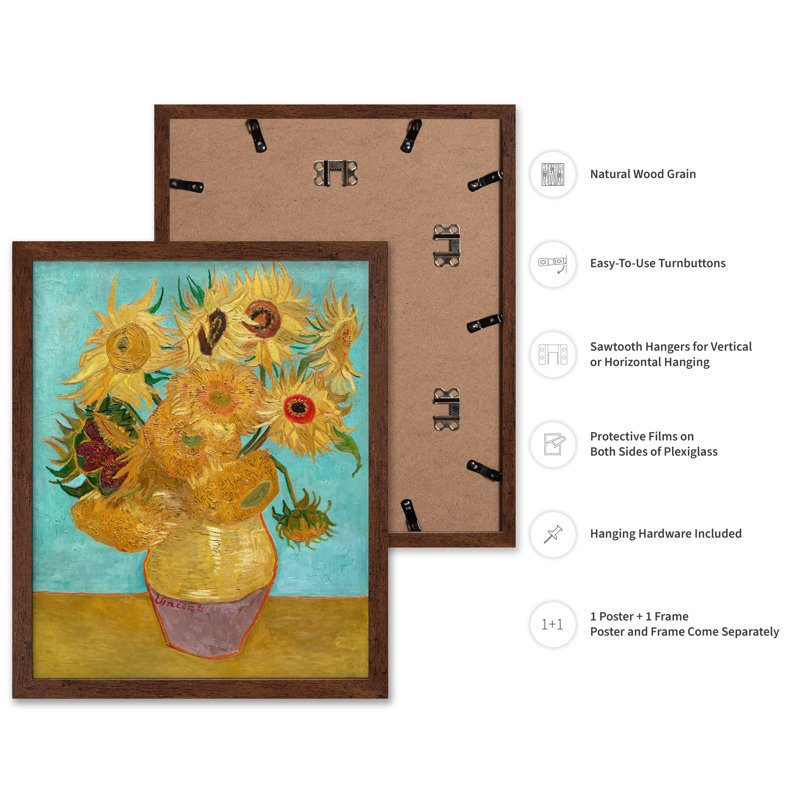Van Gogh - Vase avec douze tournesols No1, H 24 po x l 32 po, Affiche, Encadrement brun