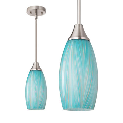 Pendant Light Fixture, Glass Hanging Light, Glass Shade, Adjustable Brushed Nickel Rods, 1 Pack, (Teal)