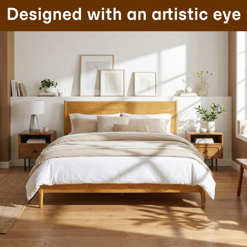 Haven Queen Solid Wood Bed Frame with Headboard, Natural Oak Finish Scandinavian Platform Bed All Mattress Support, 800 lbs Capacity, Noise-Free & Non-Slip Design