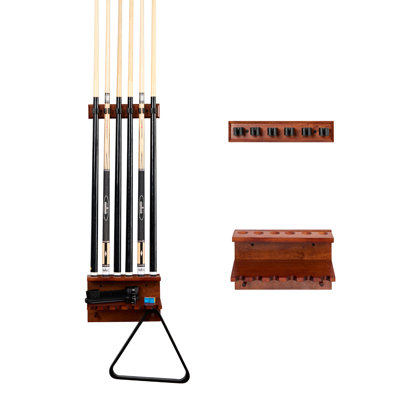 Barrington Billiards Wall Mount Pool Cue Rack, Solid Rubberwood, 6 Cue Slots, Accessory Storage, Easy Installation Hardw