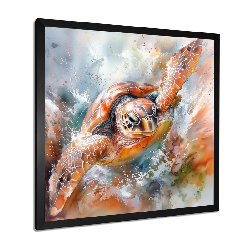 «Oceans Turtle Journey II - Tortue», reproduction sur toile, Reproduction encadrée d'une seule photo sans pass, Noir