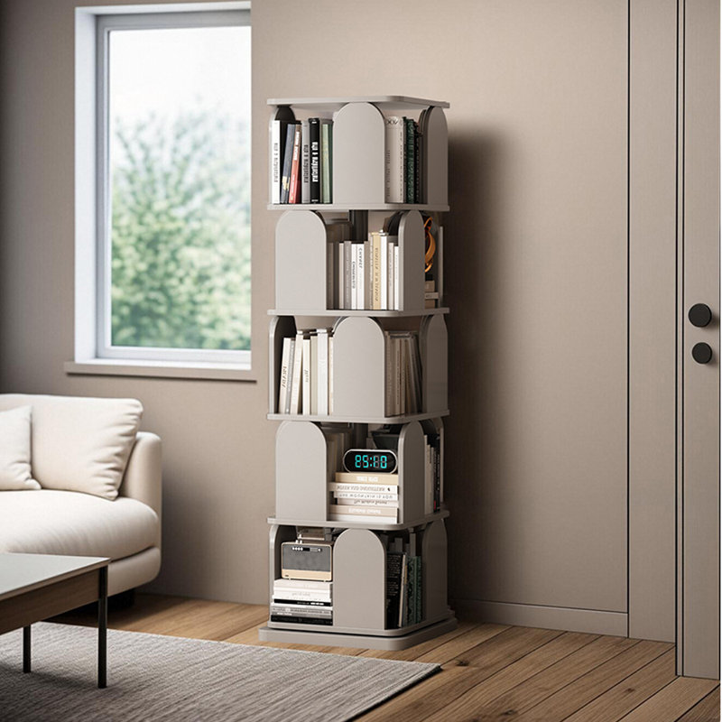 Bibliothèque rotative de style moderne, (5 tablettes) H 64,96 po x l 19,29 po x P 19,29 po, Gris clair