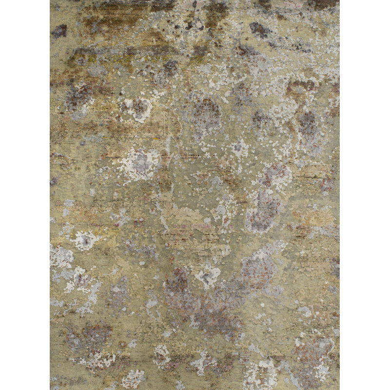 Odyssey Modernist Abstract Distressed Wool and Upcycled Natural Silk Hand-Knotted Area Rug, Rectangle 5' x 11'9"