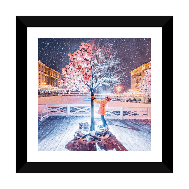 Printemps-hiver arbre par Hobopeeba-impression, H 16 po x l 16 po x p 1 po, Papier encadré noir, Blanc