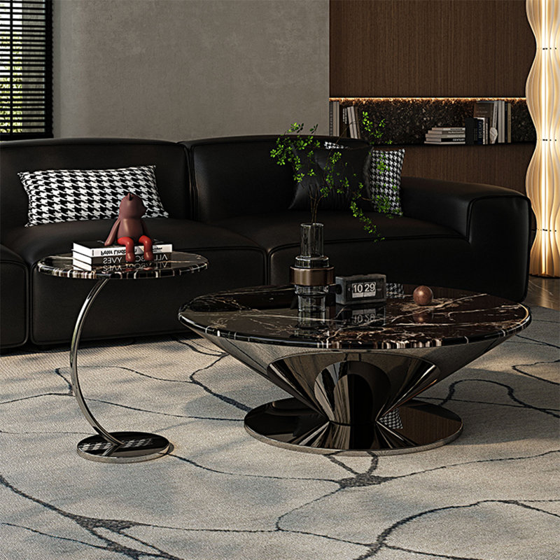 Round marble stainless steel coffee table, 15" H x 31.5" L x 31.5" W