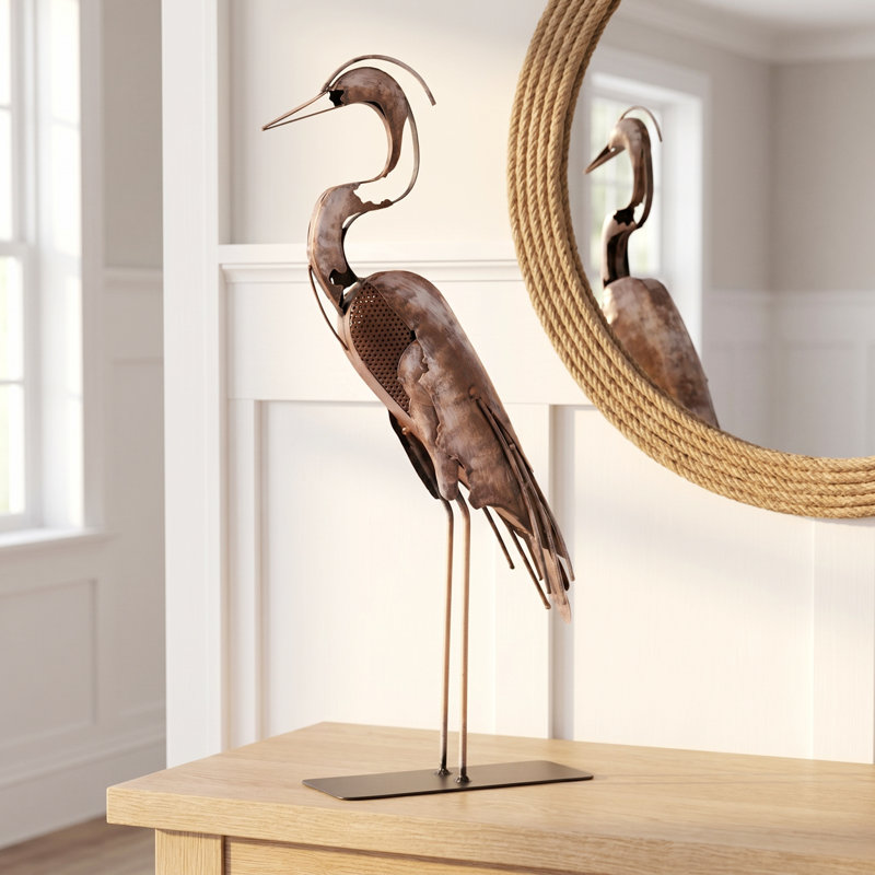 21"H Handmade Metal Heron Statue, 100% Hand-Painted Bird Figurine Décor, Rustic Handicraft Artwork For Bird Lovers, Brown