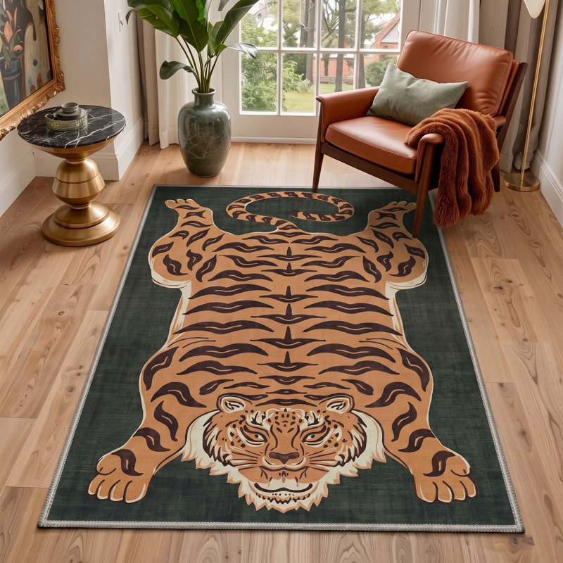 Tapis noir / brun à imprimé animal lavable à la machine avec envers antidérapant, Rectangle 120 po x 96 po