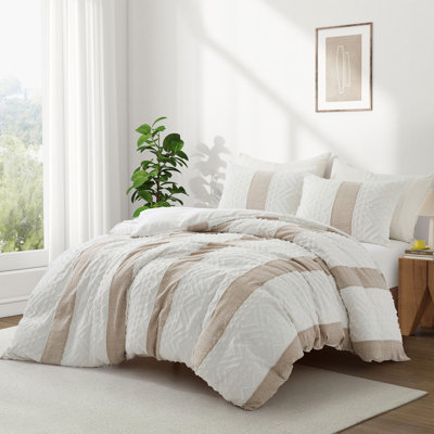 Ensemble de housse de couette à rayures blanches et brunes avec taies d'oreiller - fermeture à glissière, collection de literie moderne (grand)