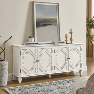 Buffet de style Mid-Century 65,2 po, conception symétrique, poignées en laiton, tablette réglable pour équipement géométrique moderne, tablette, cabine de couleurs rétro